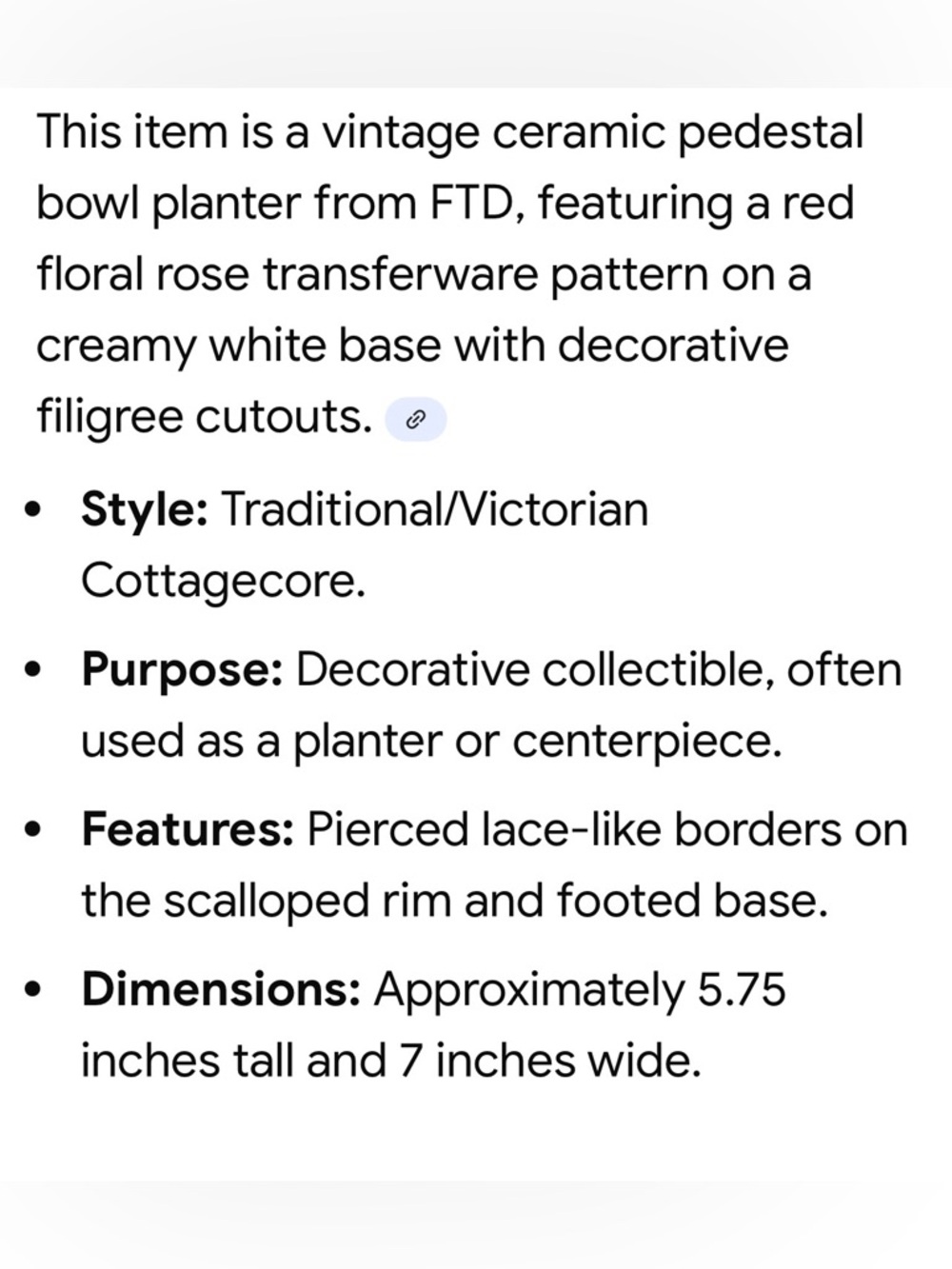 #1817*Vintage-Style White Pedestal Bowl with Red Floral Transferware - Picture 9 of 13